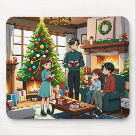 クリスマスの暖炉を囲む家族 マウスパッド