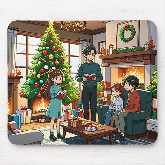 クリスマスの暖炉を囲む家族 マウスパッド (正面)