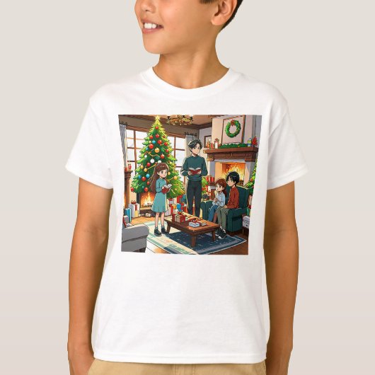 クリスマスの暖炉を囲む家族 Tシャツ (正面)