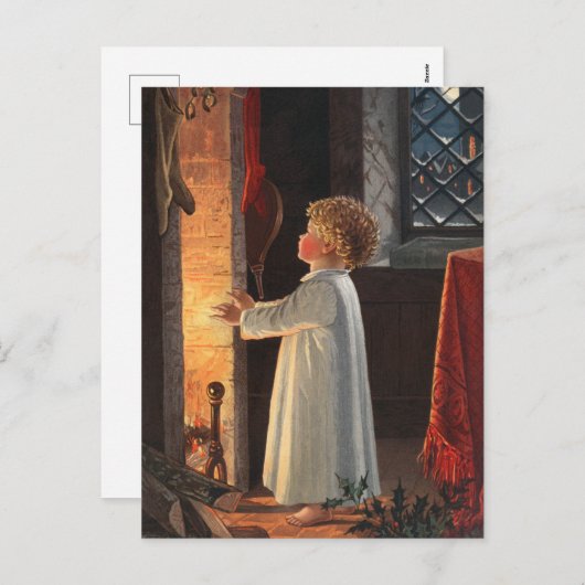 クリスマスの暖炉、ストッキングと子供の休日 シーズンポストカード (正面/裏面)