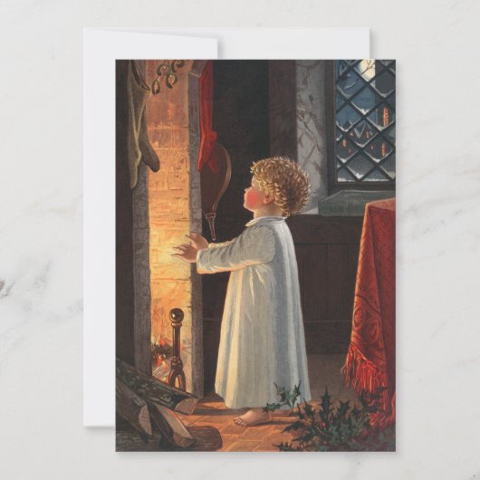 クリスマスの暖炉、ストッキングと子供 シーズンカード (正面)