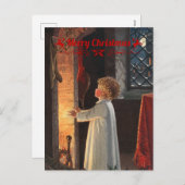 クリスマスの暖炉、ストッキングと子供 シーズンポストカード (正面/裏面)