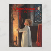 クリスマスの暖炉、ストッキングと子供 シーズンポストカード (正面)