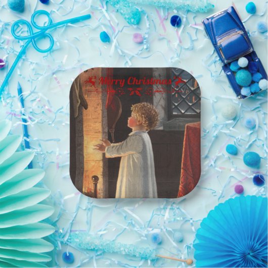 クリスマスの暖炉、ストッキングと子供 ペーパープレート (パーティー)