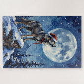クリスマスの月下で吠えるオオカミの帽子 ジグソーパズル (横)