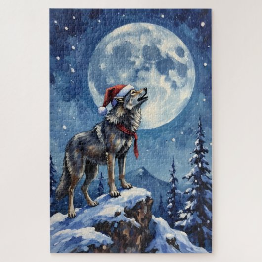 クリスマスの月下で吠えるオオカミの帽子 ジグソーパズル (縦)