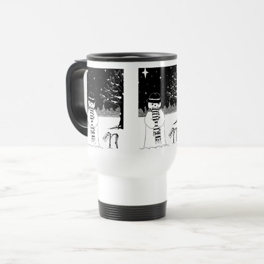 クリスマスの服を着た白黒雪だるま トラベルマグ (正面左)