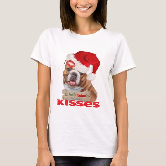 クリスマスの服装のための英国のブルドッグのキス Tシャツ (正面)