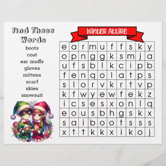 クリスマスの服装の単語検索と迷路子供へ (正面)