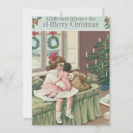 クリスマスの朝のツリーのプレゼントの女の子の人形 招待状