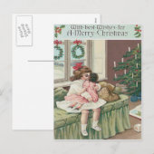 クリスマスの朝のツリープレゼントの女の子人形 シーズンポストカード (正面/裏面)