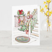 クリスマスの朝のバニーは手すりを滑らせます カード (黄色い花)