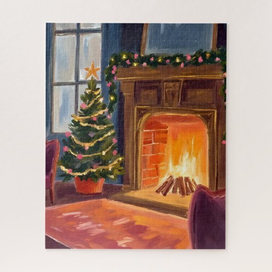 クリスマスの朝の暖炉の水彩画 ジグソーパズル (縦)