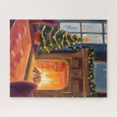 クリスマスの朝の暖炉の水彩画 ジグソーパズル (横)