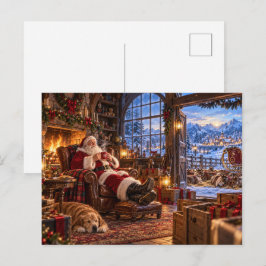 クリスマスの朝を迎えたサンタとトナカイ シーズンポストカード