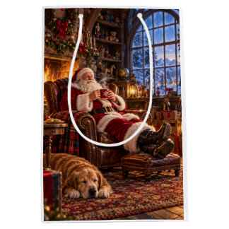 クリスマスの朝を迎えたサンタとトナカイ ミディアムペーパーバッグ