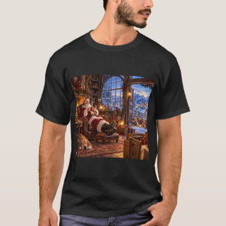 クリスマスの朝を迎えたサンタとトナカイ Tシャツ