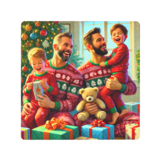 クリスマスの朝：家族の楽しいお祝い メタルプリント