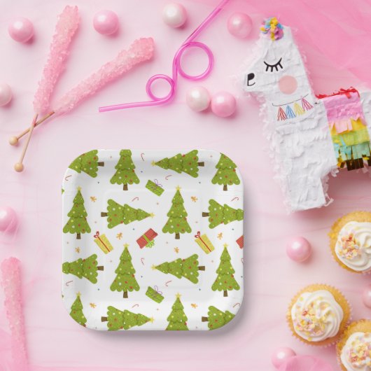 クリスマスの木々がモダンお洒落可愛い冬 ペーパープレート (パーティー)