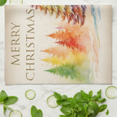 クリスマスの木々が楽しいクリスマスに雪を降らせる キッチンタオル (折り畳み)