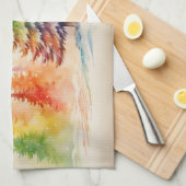 クリスマスの木々が楽しいクリスマスに雪を降らせる キッチンタオル (四つ折り)