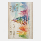 クリスマスの木々が楽しいクリスマスに雪を降らせる キッチンタオル (縦)