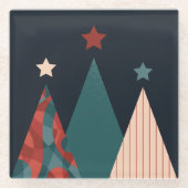 クリスマスの木々と星の青/赤の季節 ガラスコースター (正面)