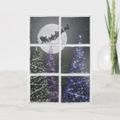 クリスマスの木々と月とサンタの窓 カード (正面)