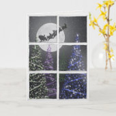 クリスマスの木々と月とサンタの窓 カード (黄色い花)