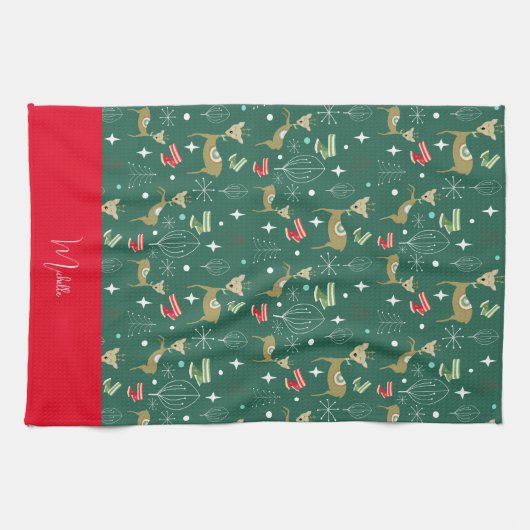 クリスマスの木々と雪のかけら飾りのかわいい鹿 キッチンタオル (横)