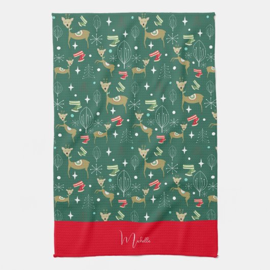 クリスマスの木々と雪のかけら飾りのかわいい鹿 キッチンタオル (縦)
