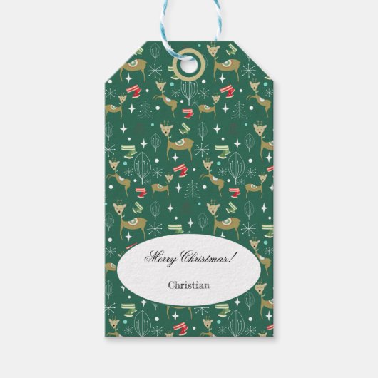 クリスマスの木々と雪のかけら飾りのかわいい鹿 ギフトタグ (正面)