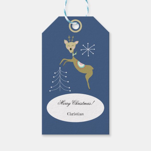クリスマスの木々と雪のかけら飾りのかわいい鹿 ギフトタグ (正面)