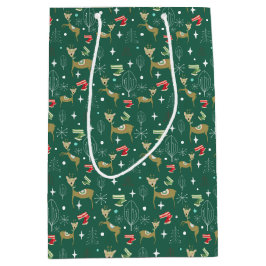 クリスマスの木々と雪のかけら飾りのかわいい鹿 ミディアムペーパーバッグ