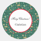 クリスマスの木々と雪のかけら飾りのかわいい鹿 ラウンドシール (正面)