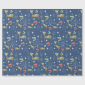 クリスマスの木々と雪のかけら飾りのかわいい鹿 ラッピングペーパー (フラット)