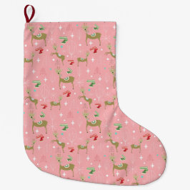 クリスマスの木々と雪のかけら飾りのかわいい鹿 ラージクリスマスストッキング