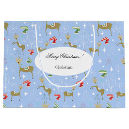 クリスマスの木々と雪のかけら飾りのかわいい鹿 ラージペーパーバッグ
