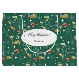 クリスマスの木々と雪のかけら飾りのかわいい鹿 ラージペーパーバッグ