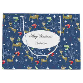 クリスマスの木々と雪のかけら飾りのかわいい鹿 ラージペーパーバッグ