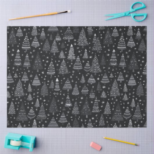クリスマスの木々の白と黒 薄葉紙 (クラフト)