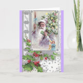 クリスマスの木が付いている紫色のコートの旧式なサンタ シーズンカード (正面)