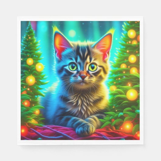 クリスマスの木が生えてかわいいグレーの子猫 スタンダードランチョンナプキン (正面)