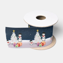 クリスマスの木が飾られた可愛い雪だるま サテンリボン
