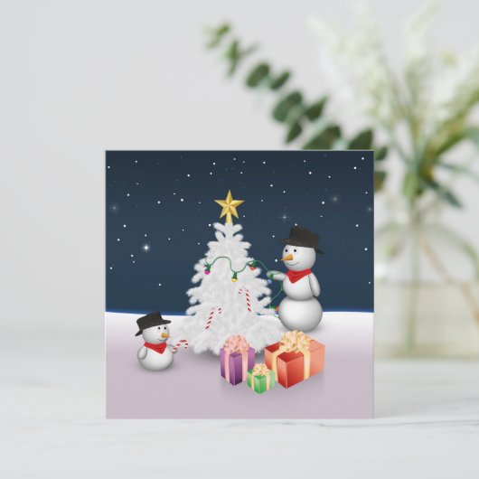 クリスマスの木が飾られた可愛い雪だるま 招待状 (スタンド正面)