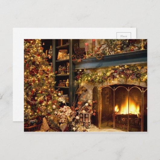 クリスマスの木で暖かい暖炉 シーズンポストカード (正面/裏面)