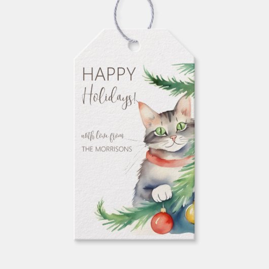 クリスマスの木で猫の幸せな休日 ギフトタグ (正面)
