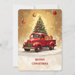 クリスマスの木とギフトの休日の赤いトラック シーズンカード
