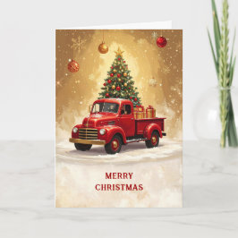 クリスマスの木とギフト付き赤いトラックのホリデー カード