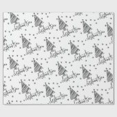 クリスマスの木と星の白黒 ラッピングペーパー (フラット)